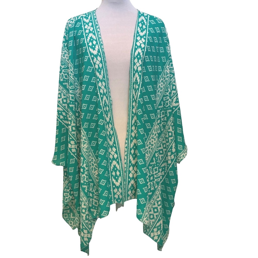 Nymphe Los Angeles Teal Geometric Kimono Wrap Open Front Cardigan N90786-CP OS